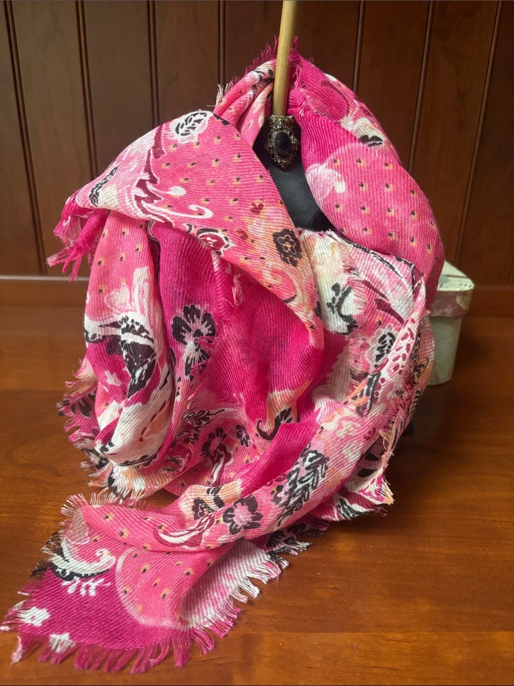 Chico's Floral Paisley Square Scarf Sheer Raw hem Pink Coral